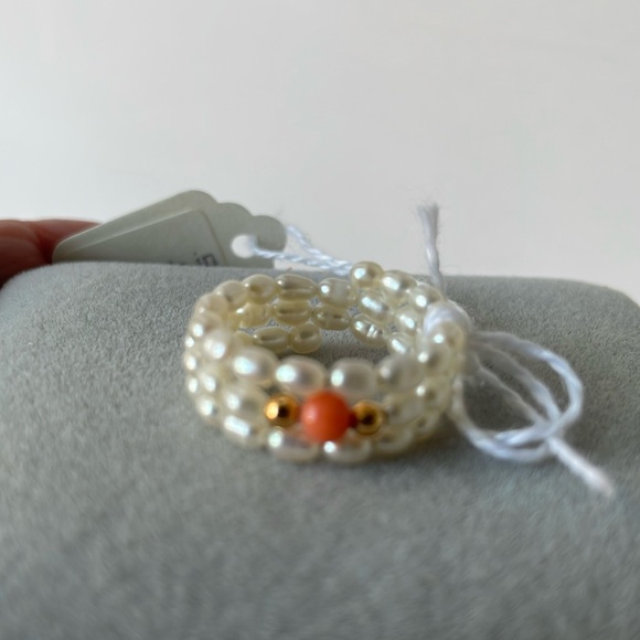 Freshwater Cultured Pearl Coral Gold bead wire Ring - Picture 3 of 10